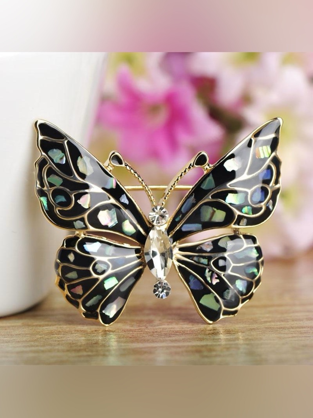 Elegant Black Enamel Butterfly Brooch with Iridescent Inlay NWT